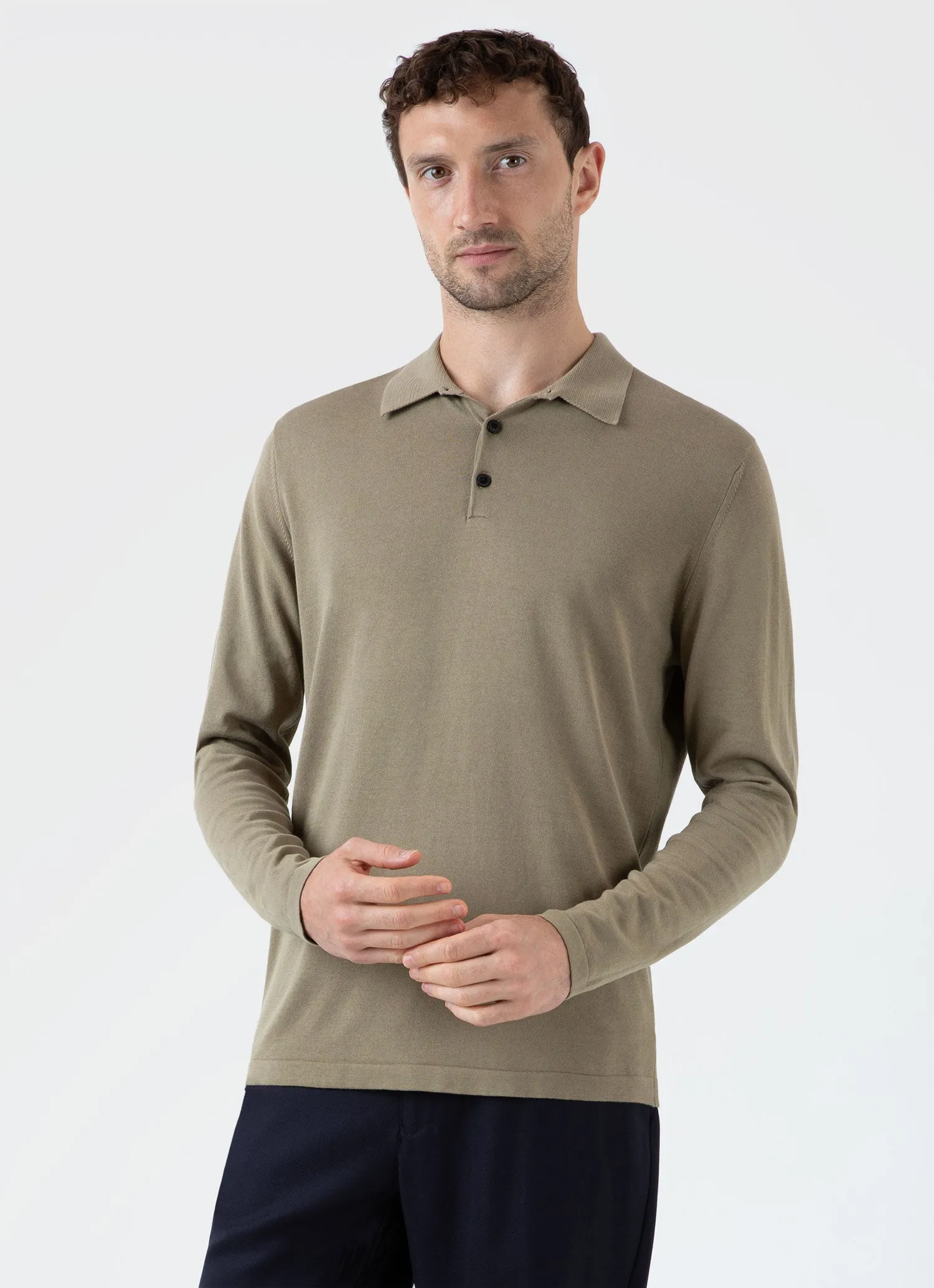 Men's Long Sleeve Sea Island Cotton Polo Shirt in Dark Stone