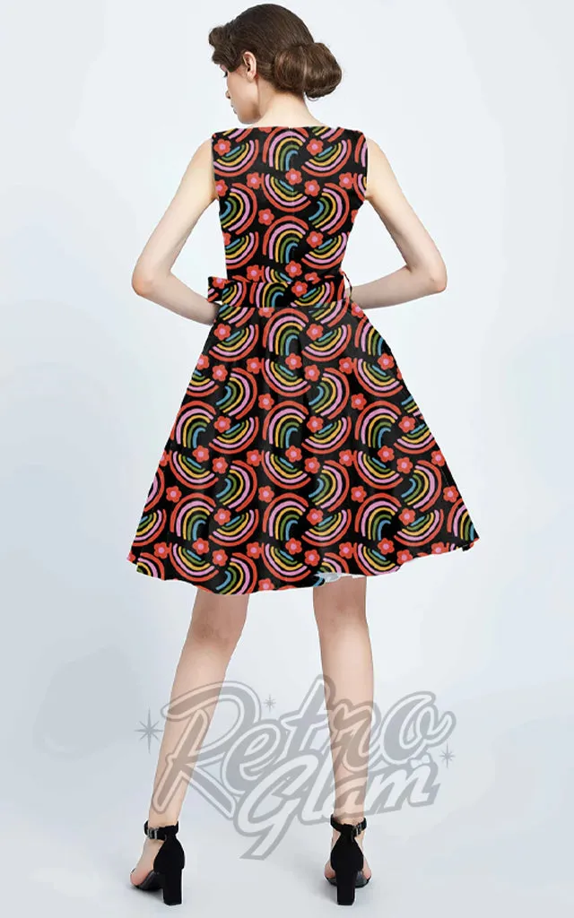 Miss Lulo Ruby Fit & Flare Dress in Rainbow Print - 4XL left only