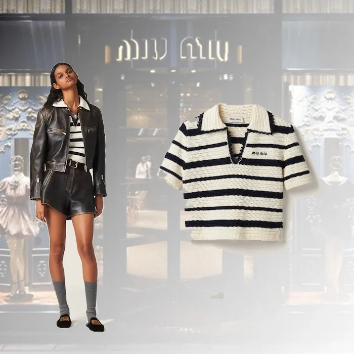 MiuMiu  |Stripes Casual Style Cotton Short Sleeves Office Style