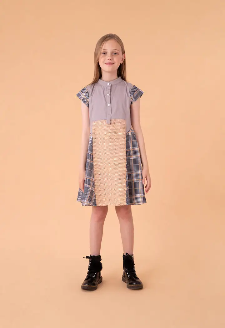 Multi Pattern Print Mandarin Collar Dress