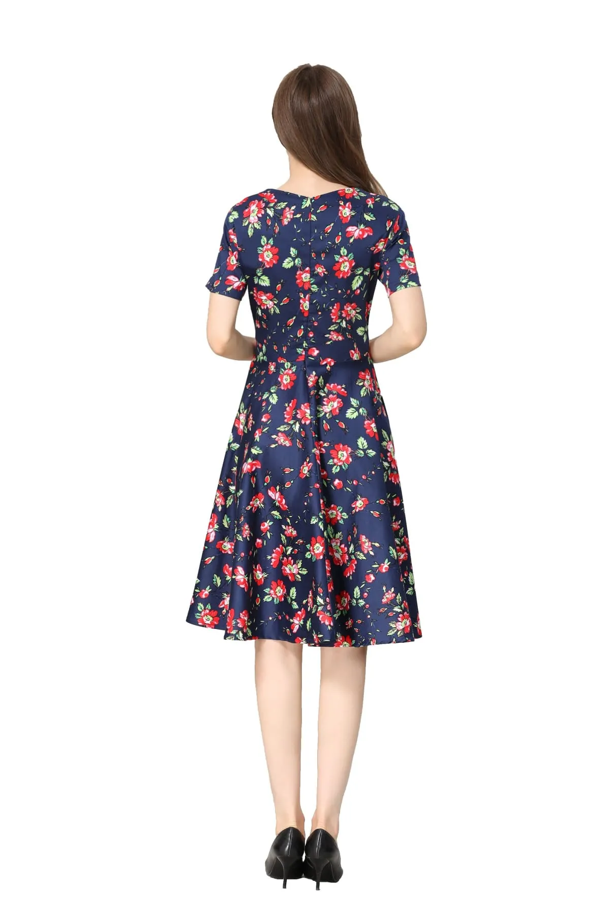 Navy and Bright Red Carnation Folded Collar A Line Dress with Pockets