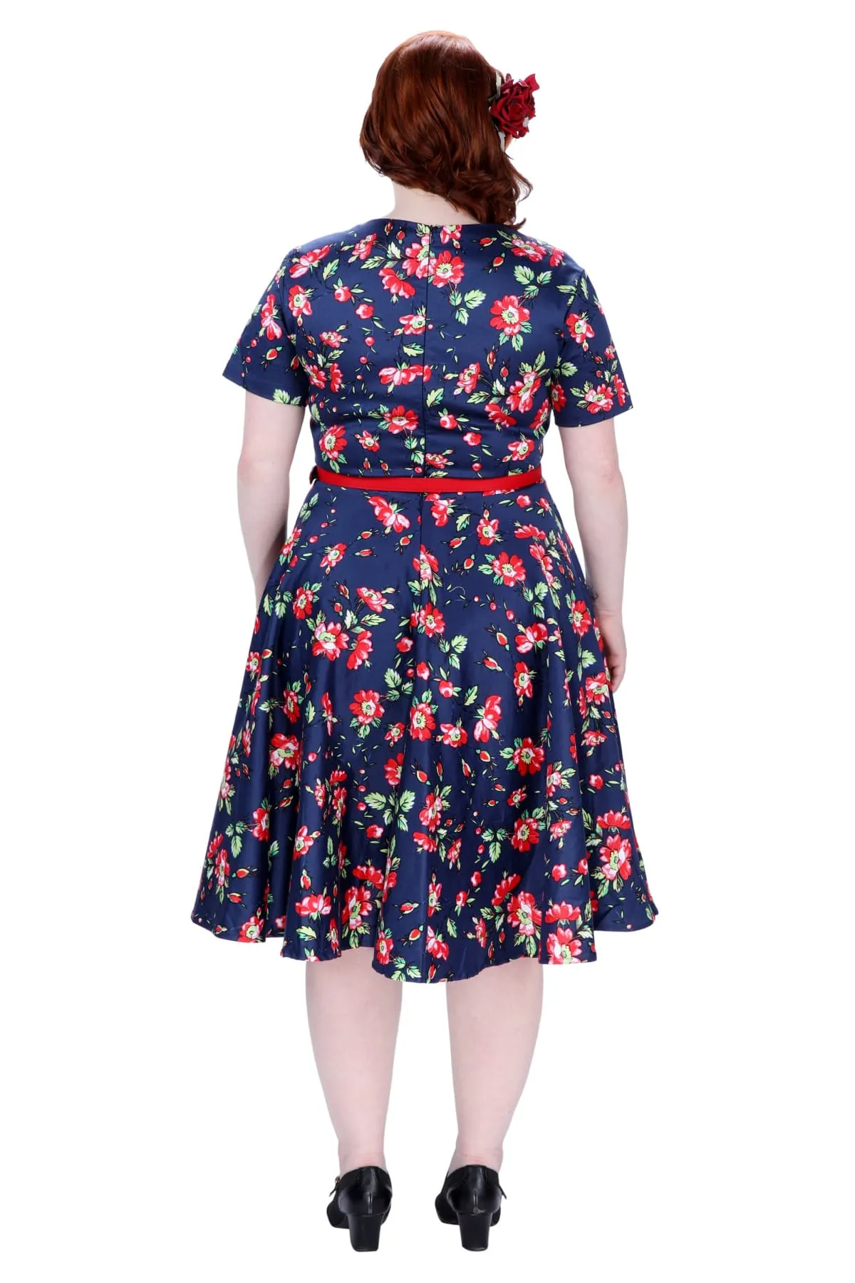 Navy and Bright Red Carnation Folded Collar A Line Dress with Pockets