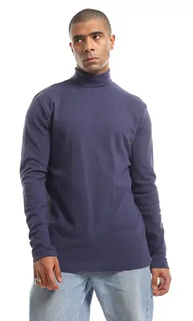 O159799 High Neck Long Sleeved Basic Cotton T-Shirt - Navy Blue