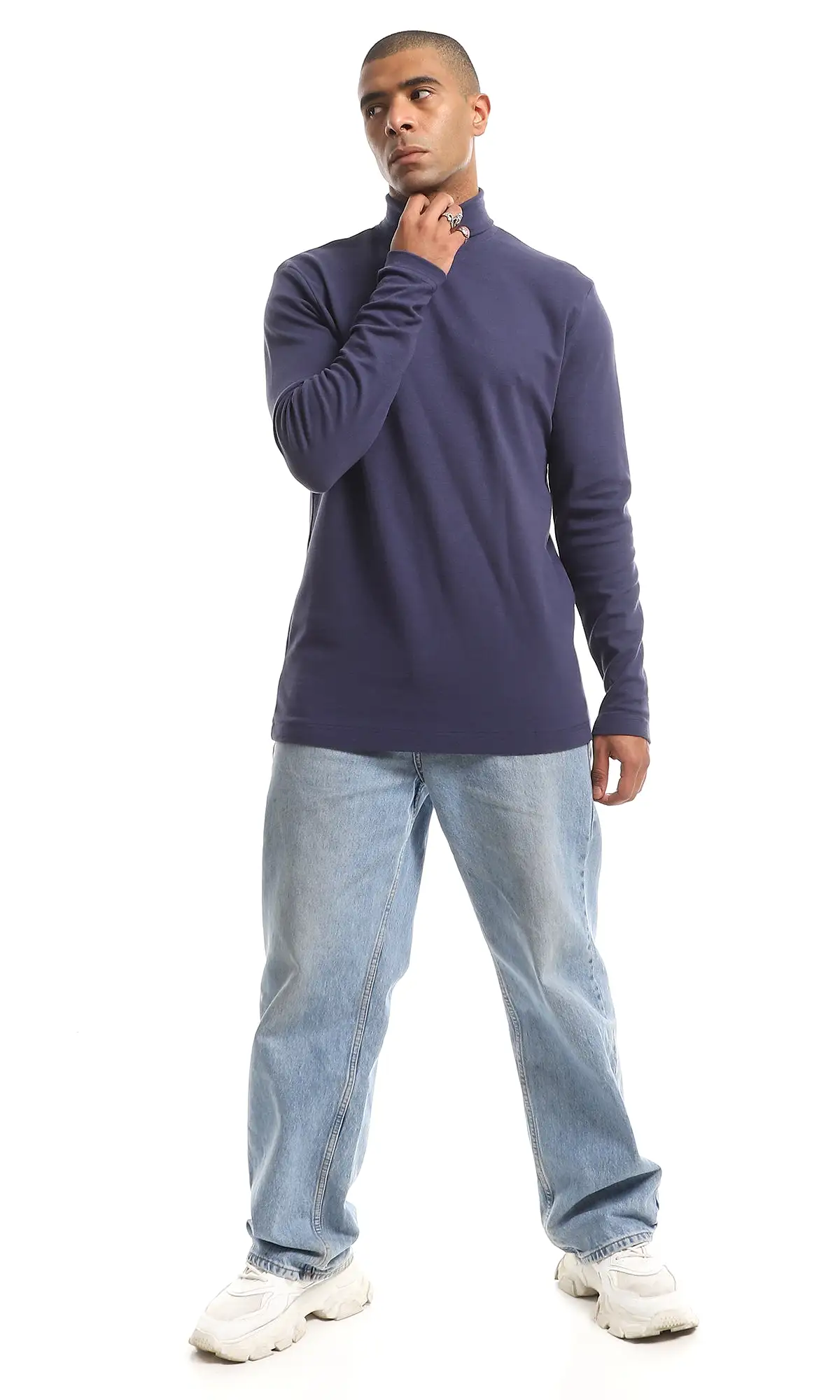 O159799 High Neck Long Sleeved Basic Cotton T-Shirt - Navy Blue