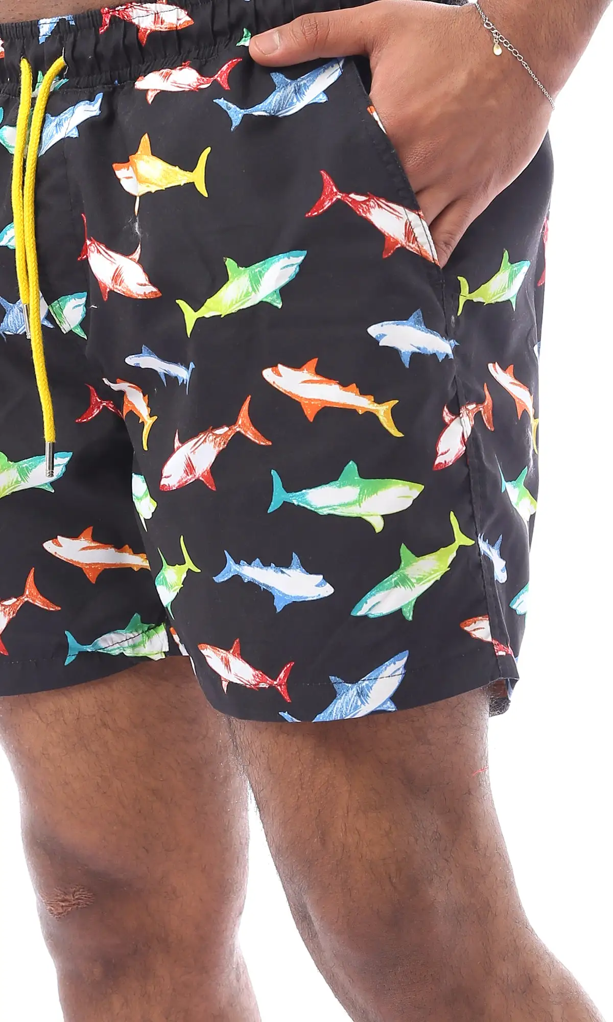 O167847 Colorful Sharks Slip On Black Swim Shorts