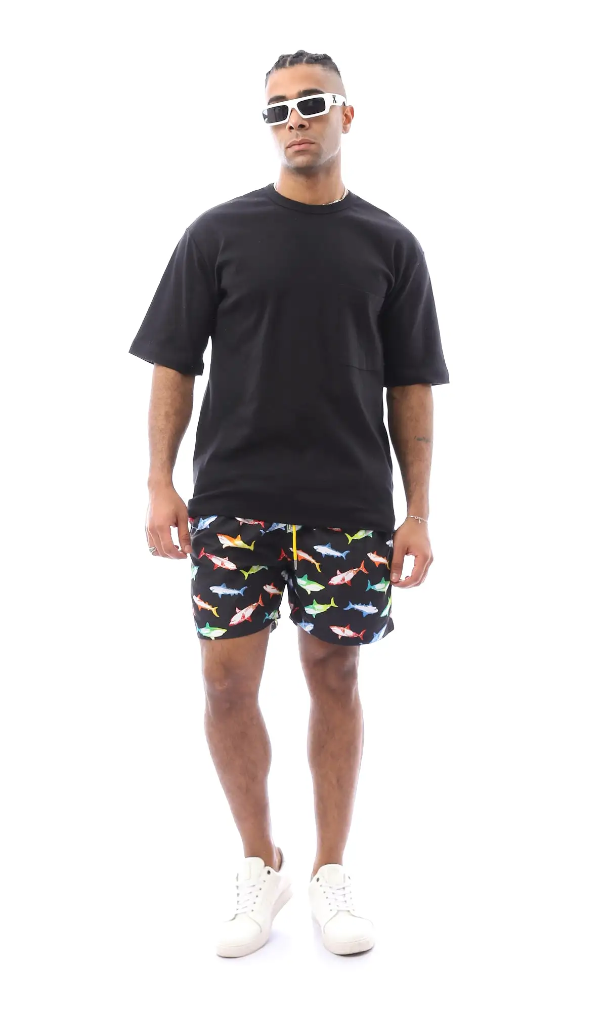 O167847 Colorful Sharks Slip On Black Swim Shorts