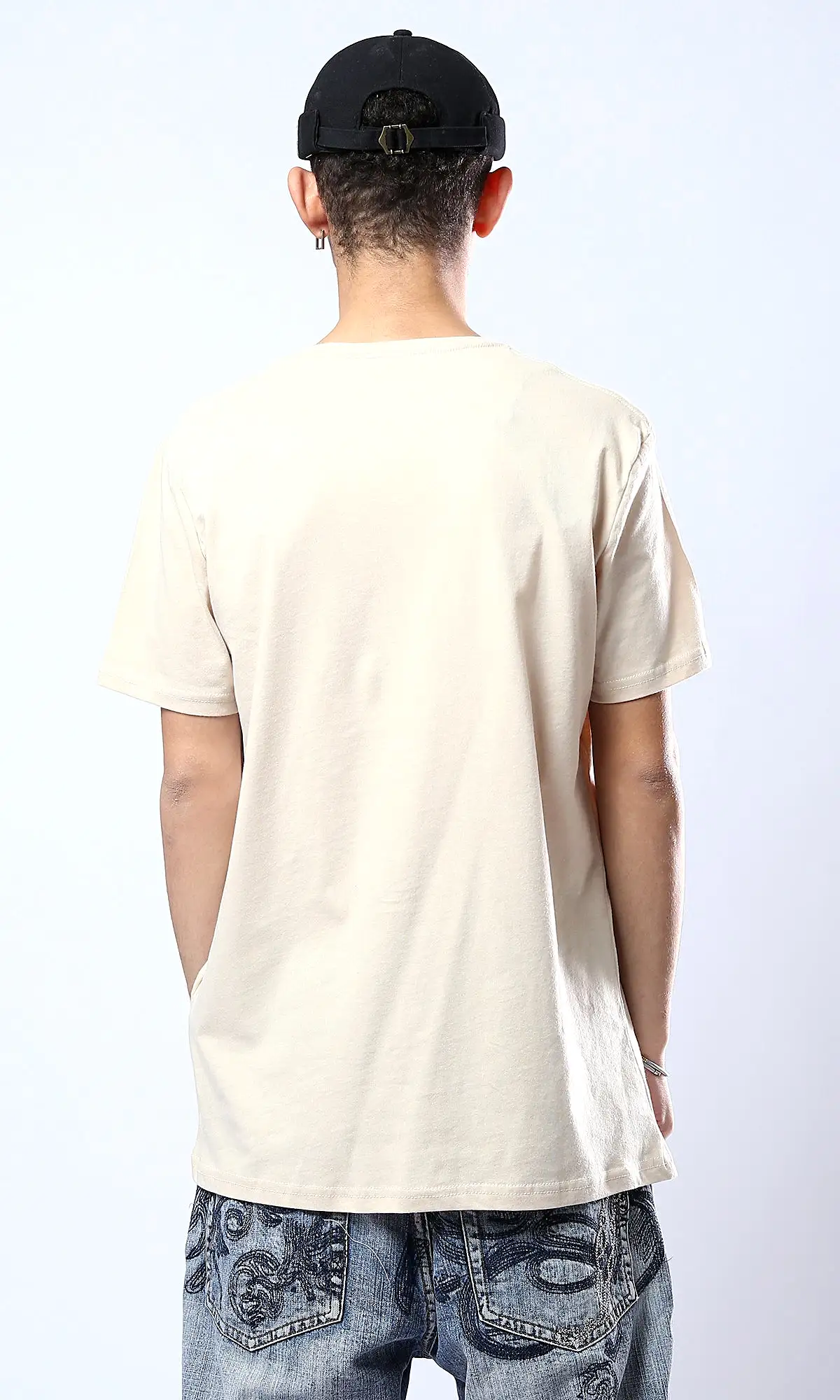 O178819 Beige Crew Neck Solid Basic Tee