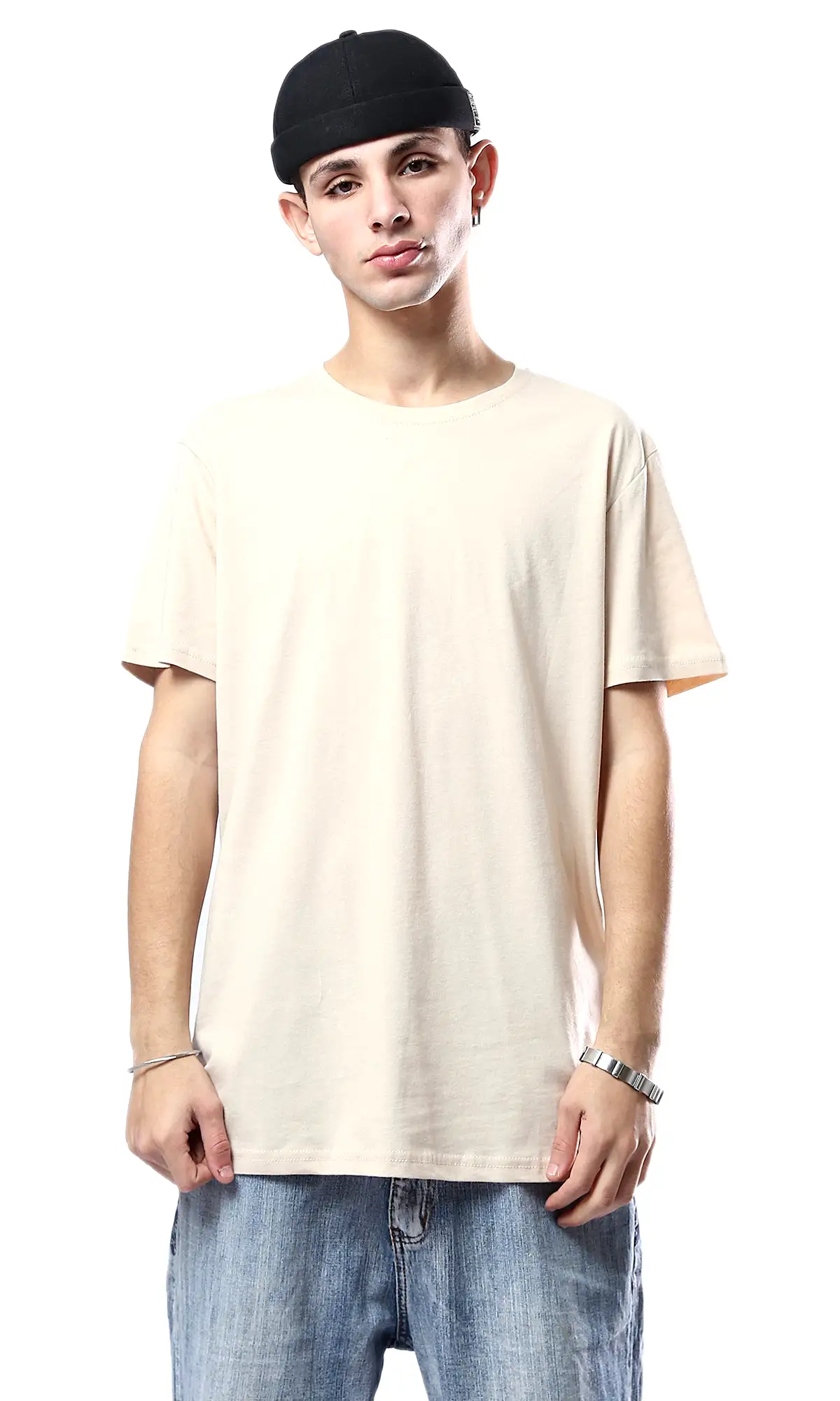 O178819 Beige Crew Neck Solid Basic Tee