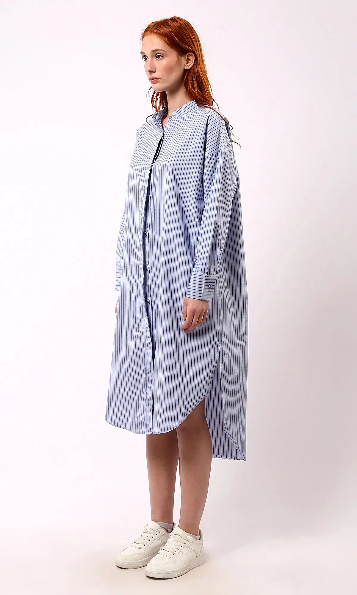 O179190 Light Blue Striped Shirt Dress With Mandarin Collar