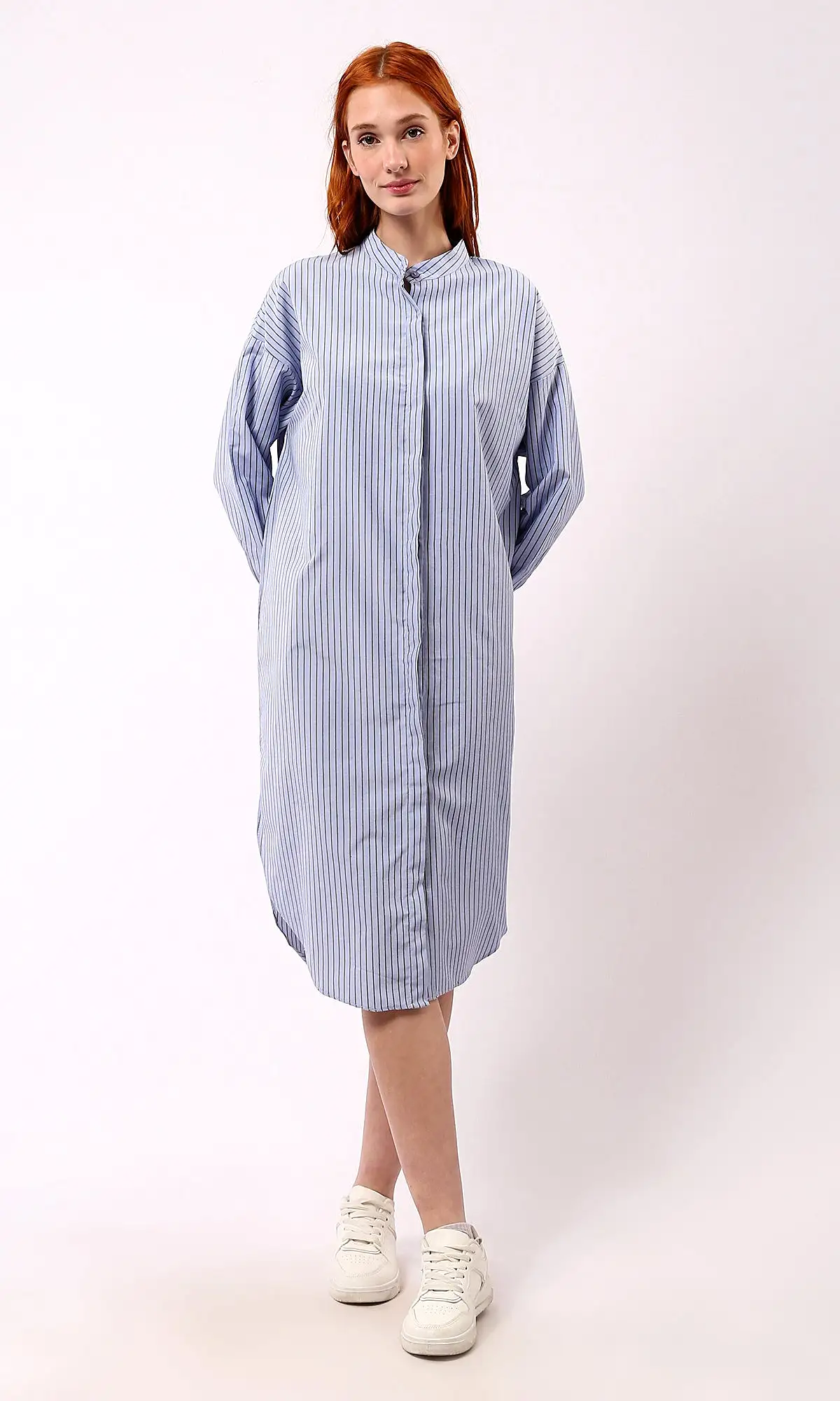 O179190 Light Blue Striped Shirt Dress With Mandarin Collar