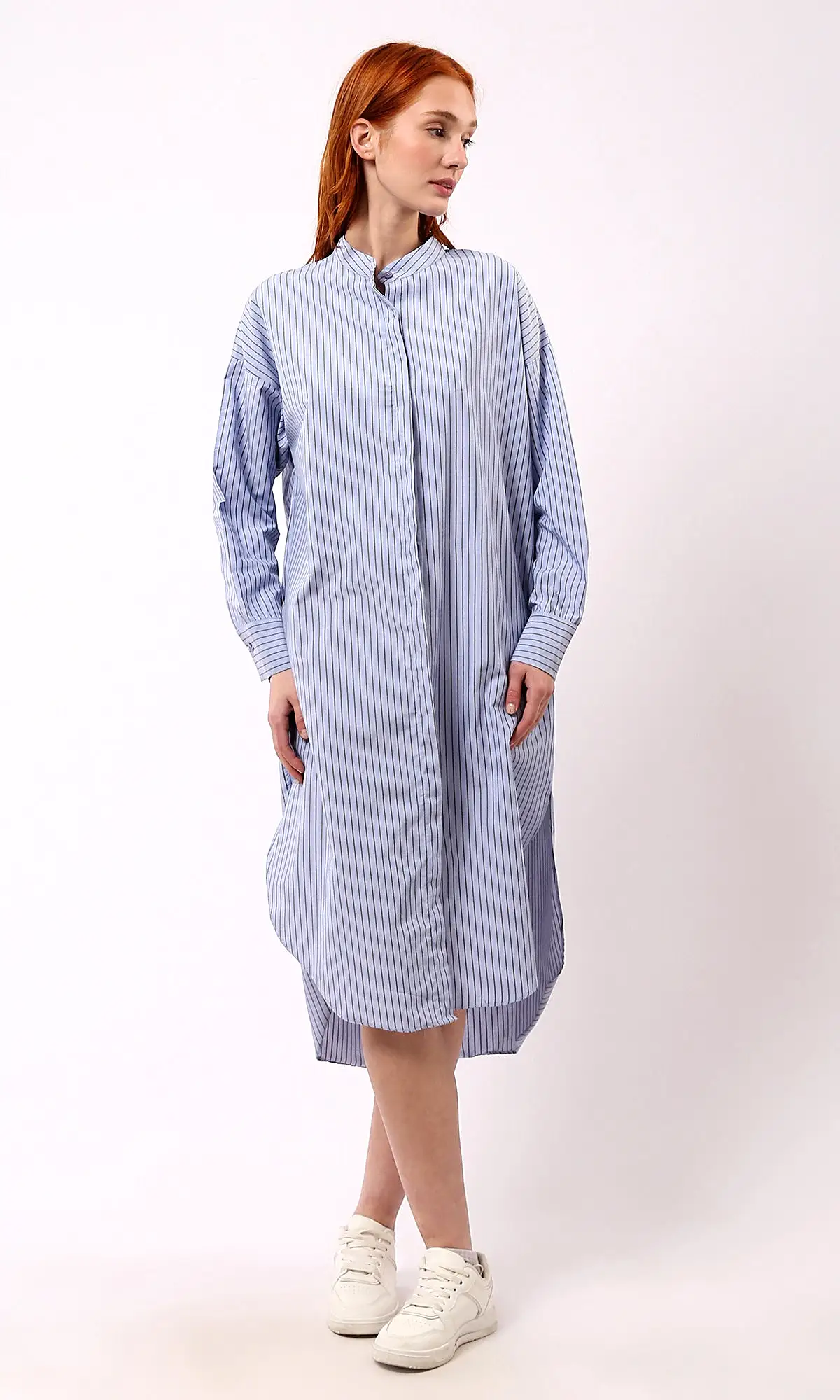 O179190 Light Blue Striped Shirt Dress With Mandarin Collar