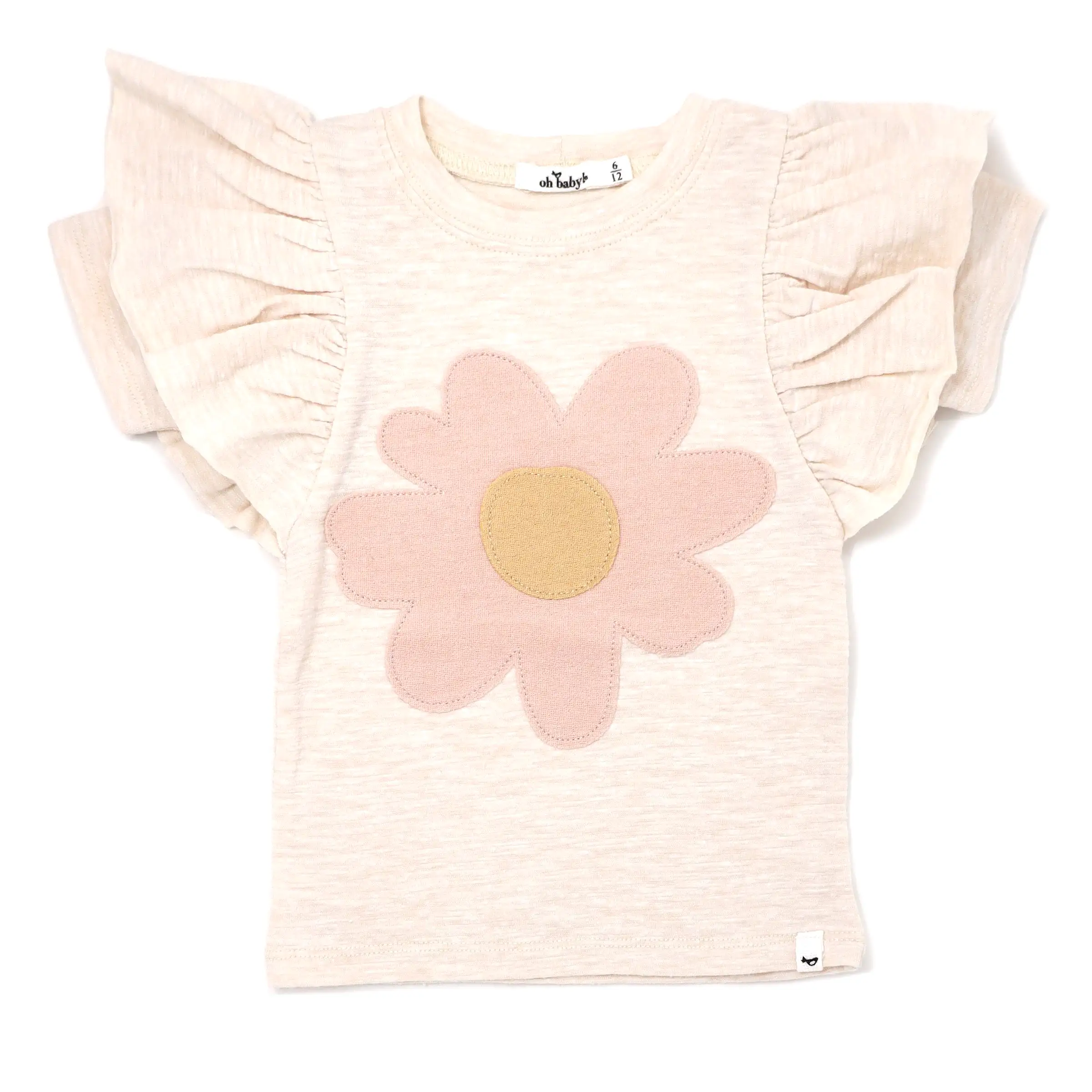 oh baby! Butterfly Short Sleeve Cotton Slub Tee - Peach Daisy - Sand Heather