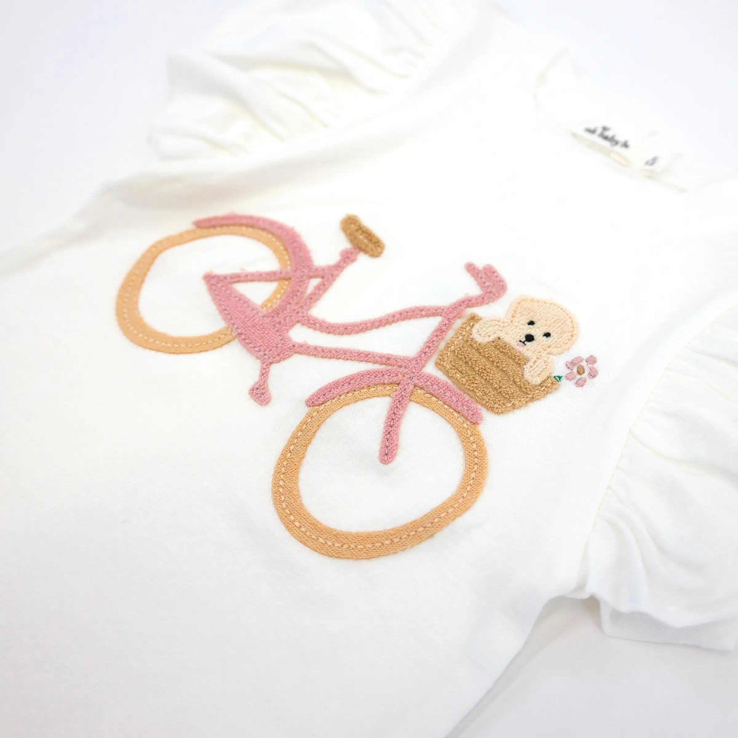 oh baby! Butterfly Short Sleeve Cotton Tee - Bicycle Puppy Basket Applique - Oyster