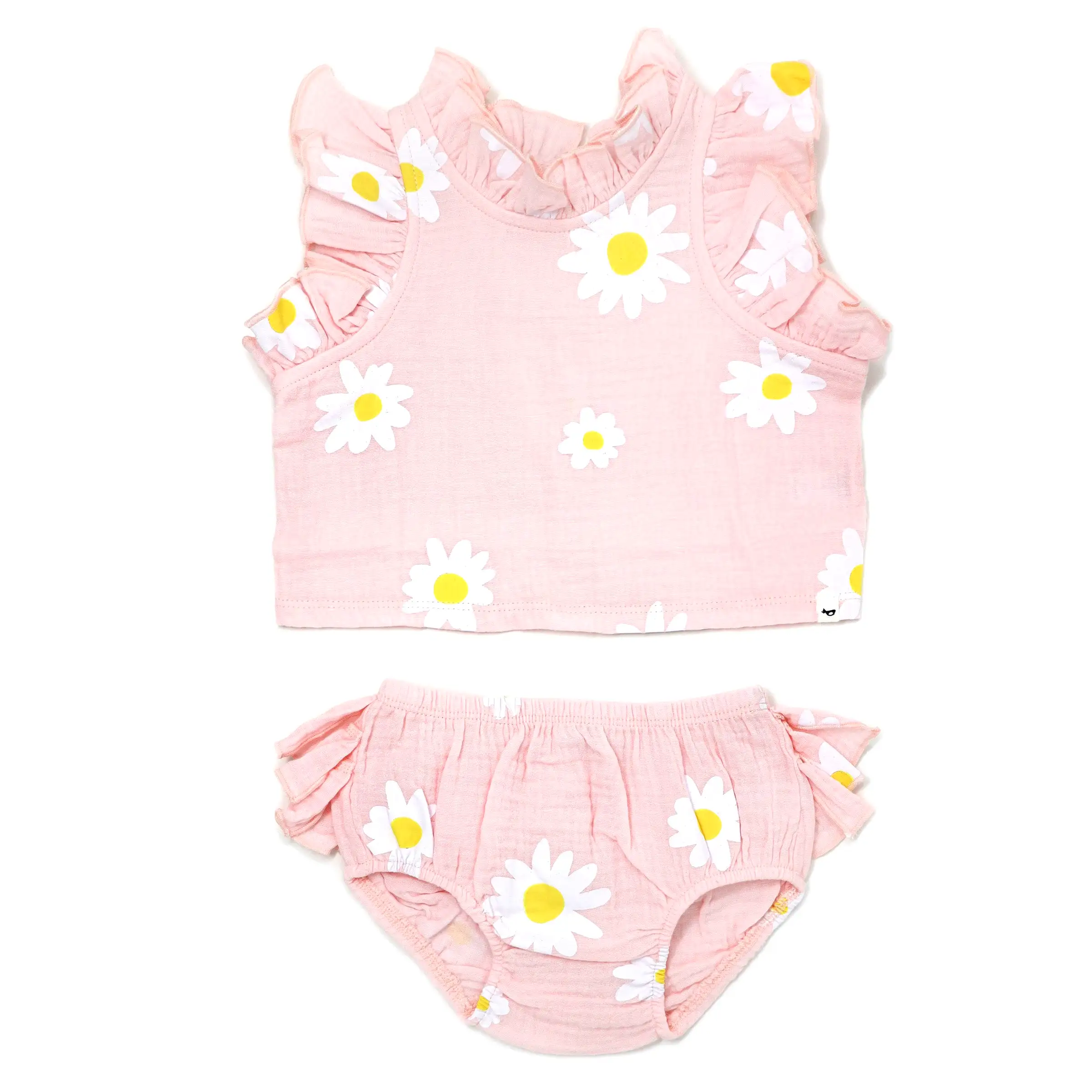 oh baby! Cotton Slub Lola Top & Tushie Set - White Daisy Print - Pale Pink Heather