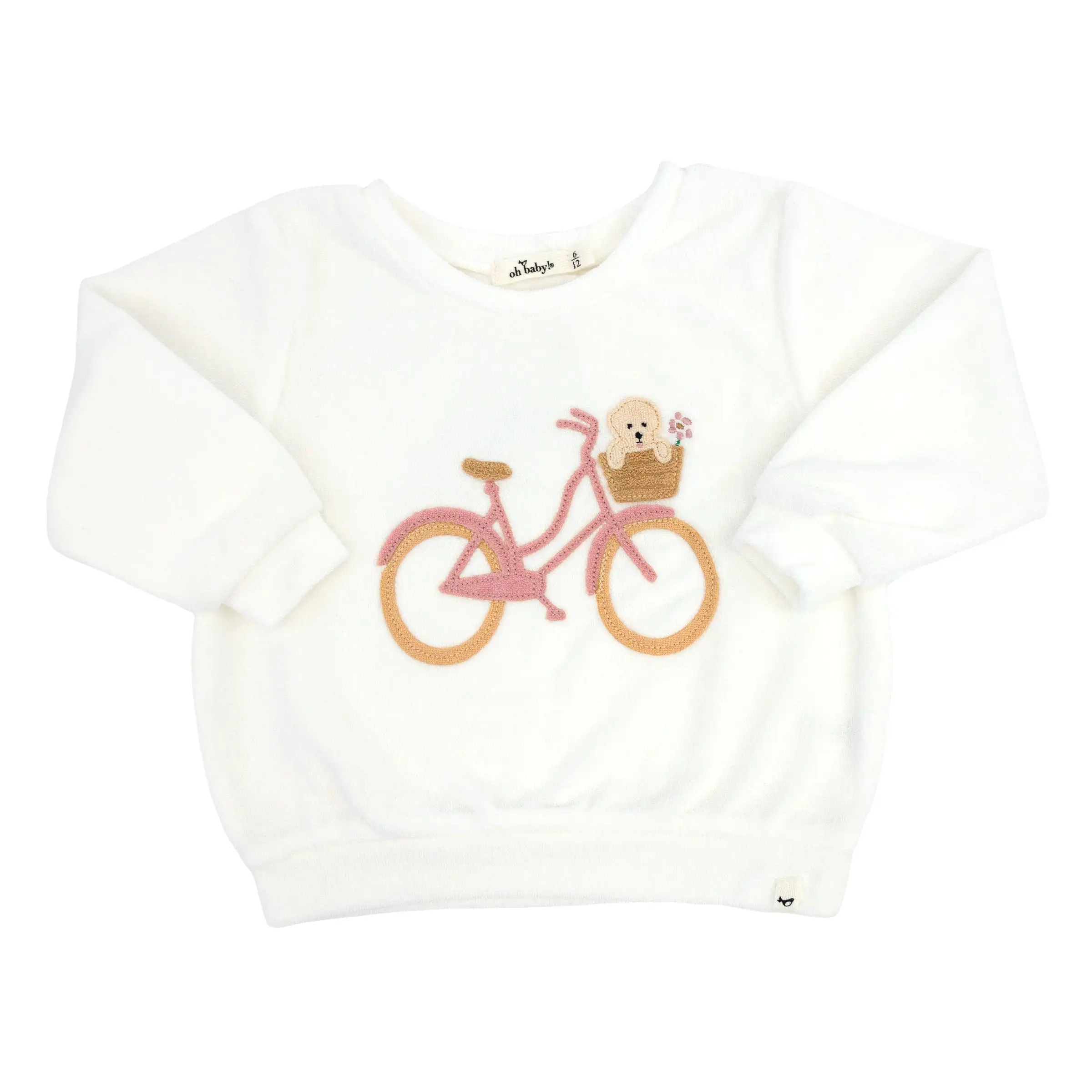 oh baby! Cotton Terry Boxy Sweatshirt - Bicycle Puppy Basket Applique - Snow