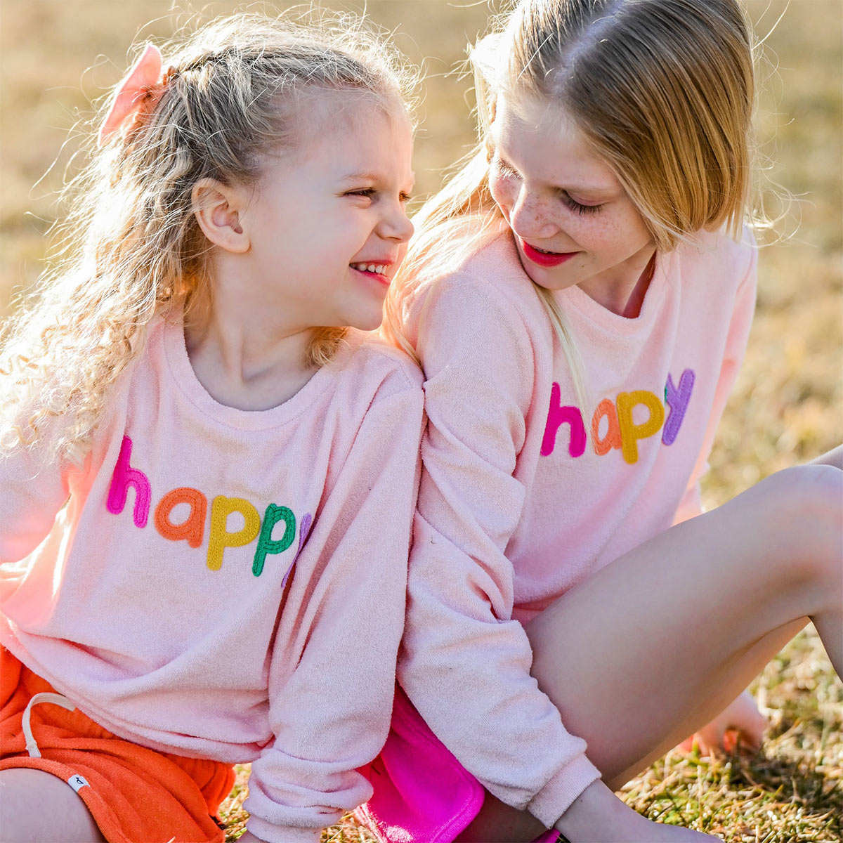 oh baby! Cotton Terry Boxy Sweatshirt - Rainbow happy Applique - Pale Pink