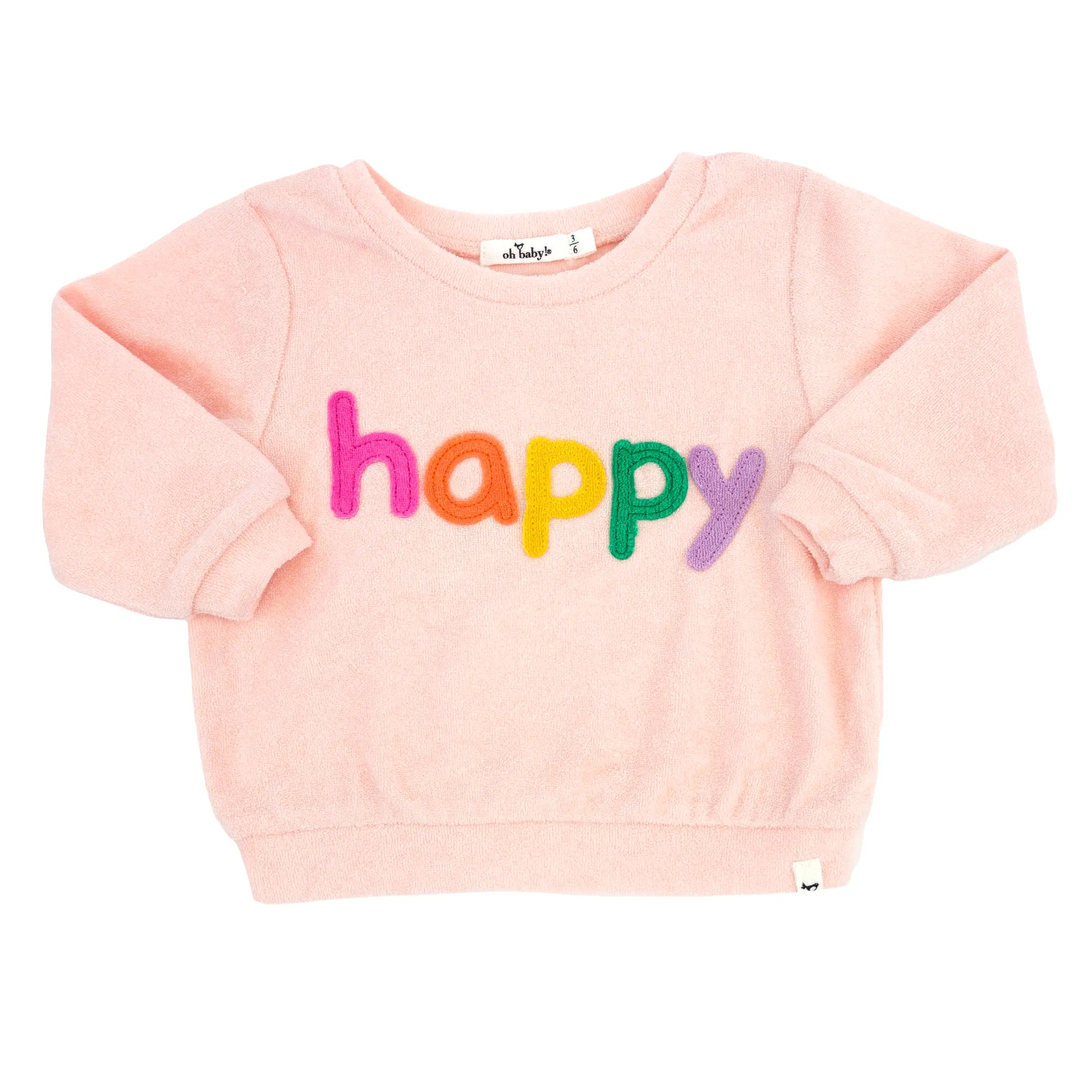 oh baby! Cotton Terry Boxy Sweatshirt - Rainbow happy Applique - Pale Pink