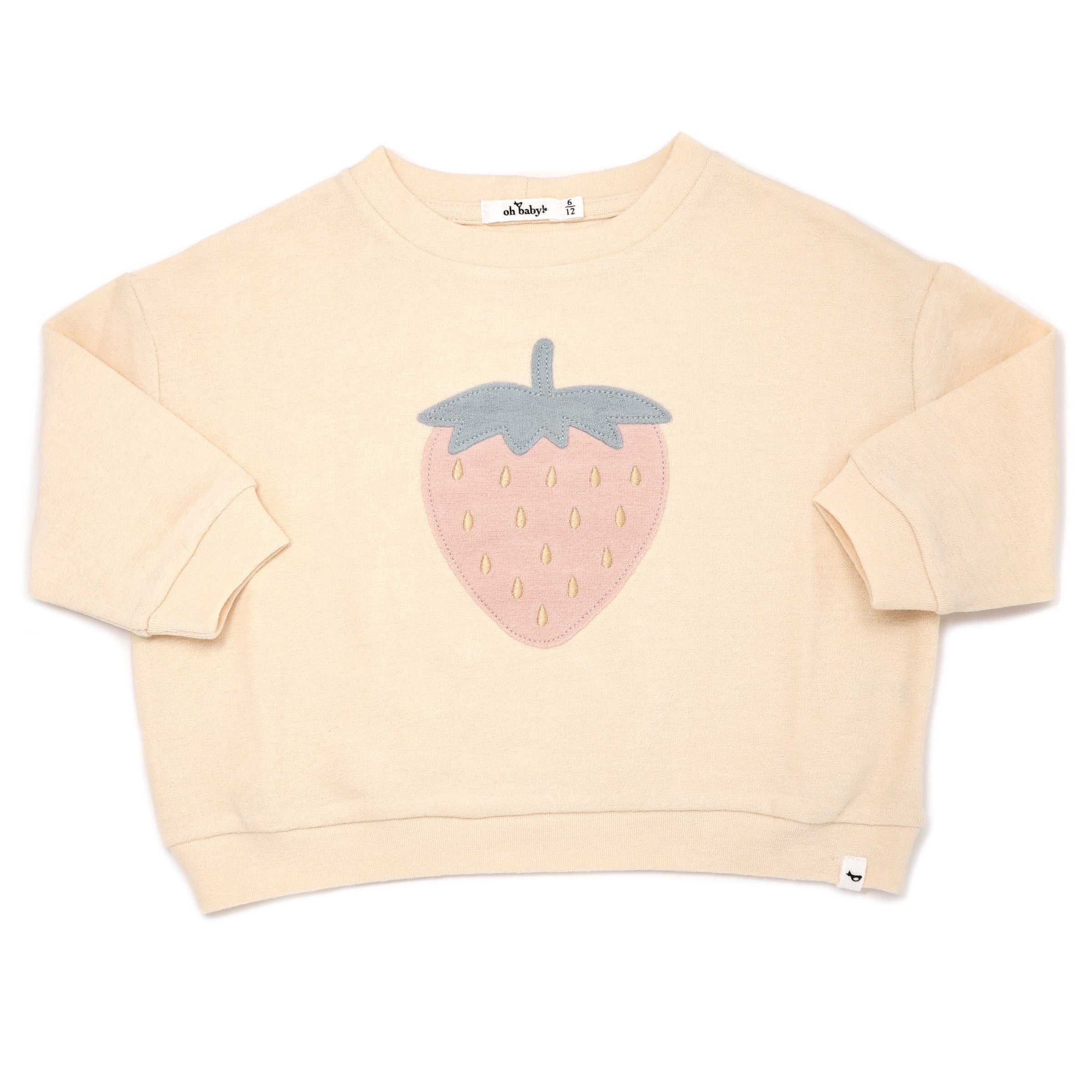 oh baby! Cotton Terry Slouch Boxy Sweatshirt - Strawberry Applique - Natural