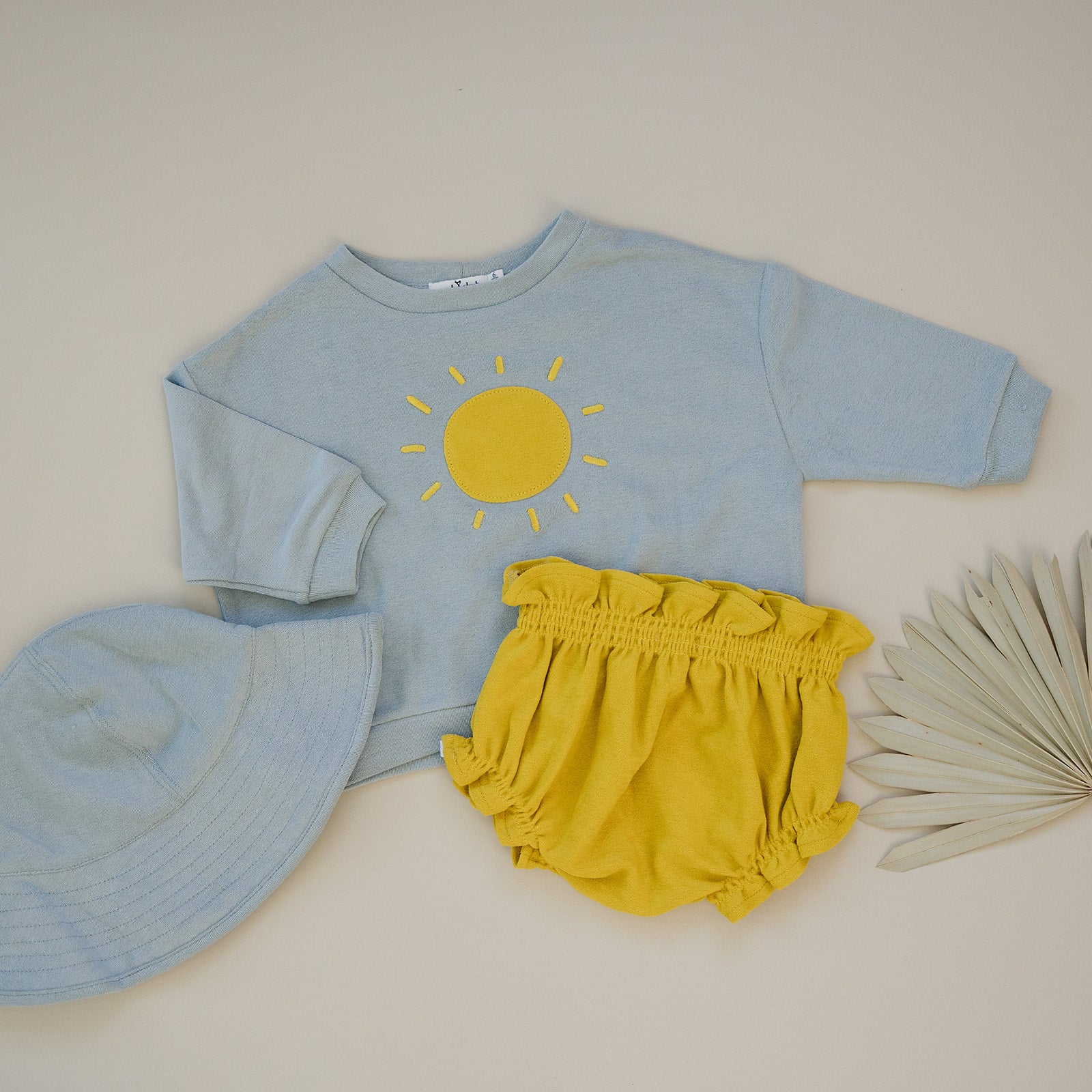 oh baby! Cotton Terry Slouch Boxy Sweatshirt - Yellow Sun Applique - Mist Blue