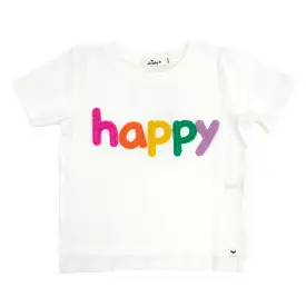 oh baby! Raw Edge Short Sleeve Cotton Slub Tee - Rainbow happy Applique - Oyster