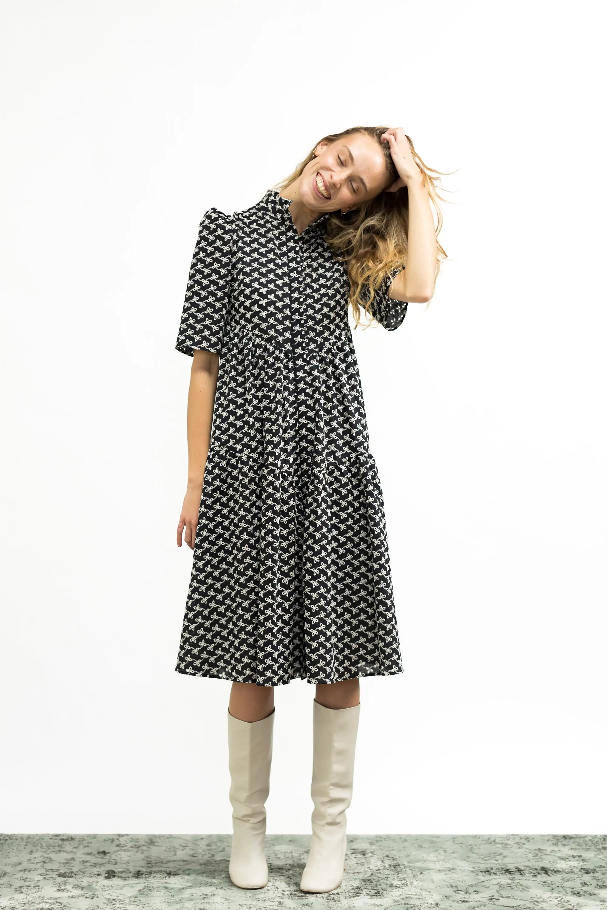 Portia Dress / Black + Milky White Broderie Anglaise Cotton