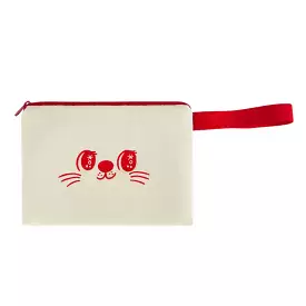 Red Beige Cute Sweet Cat Pouches Slim Pencil Cases Airy Basic Hand Strap Ultra Lightweight Stationery Embroidery