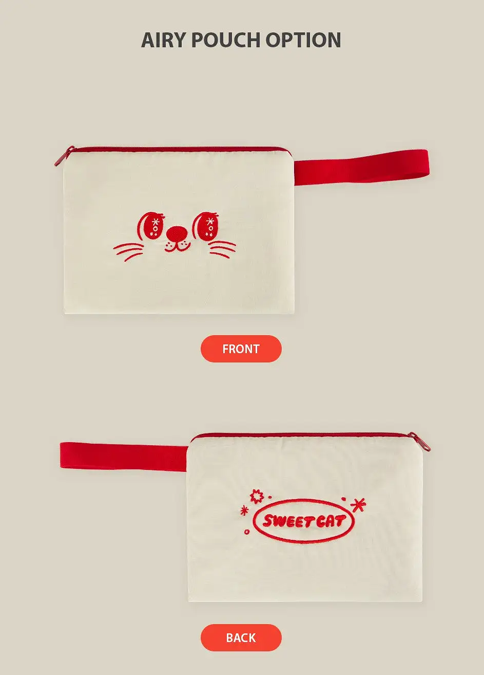 Red Beige Cute Sweet Cat Pouches Slim Pencil Cases Airy Basic Hand Strap Ultra Lightweight Stationery Embroidery