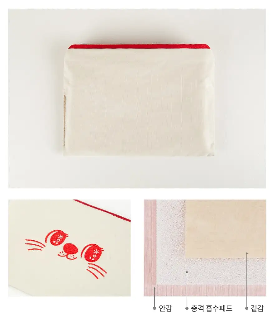 Red Beige Cute Sweet Cat Pouches Slim Pencil Cases Airy Basic Hand Strap Ultra Lightweight Stationery Embroidery