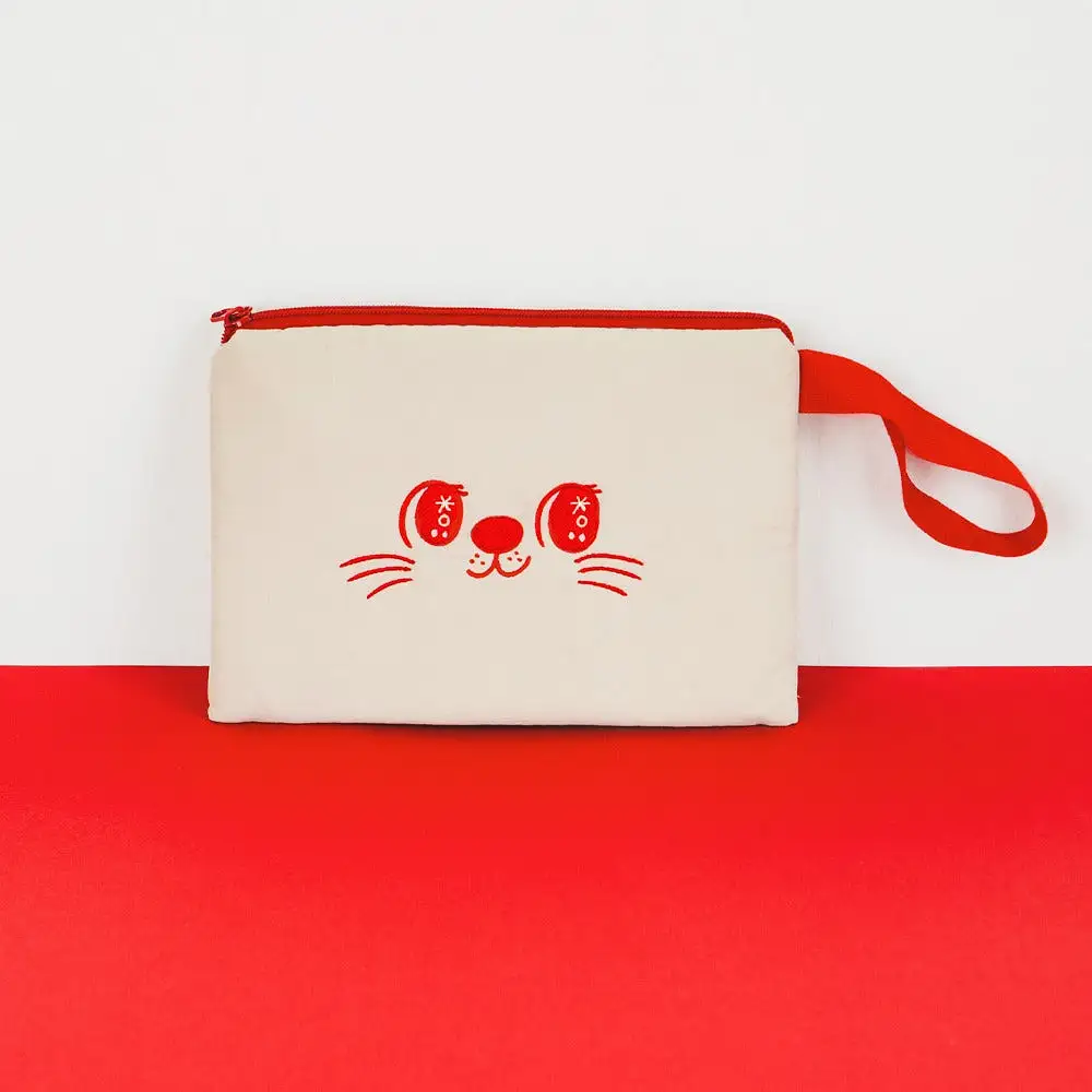 Red Beige Cute Sweet Cat Pouches Slim Pencil Cases Airy Basic Hand Strap Ultra Lightweight Stationery Embroidery