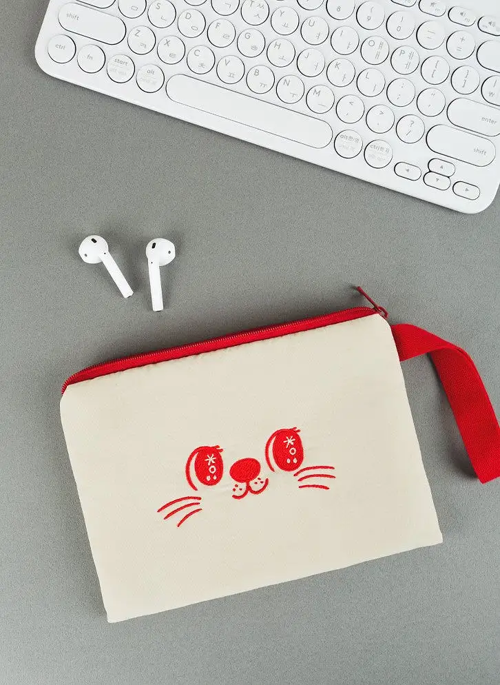 Red Beige Cute Sweet Cat Pouches Slim Pencil Cases Airy Basic Hand Strap Ultra Lightweight Stationery Embroidery