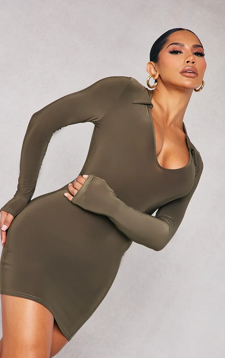 Shape Khaki Slinky Collar Detail Bodycon Dress