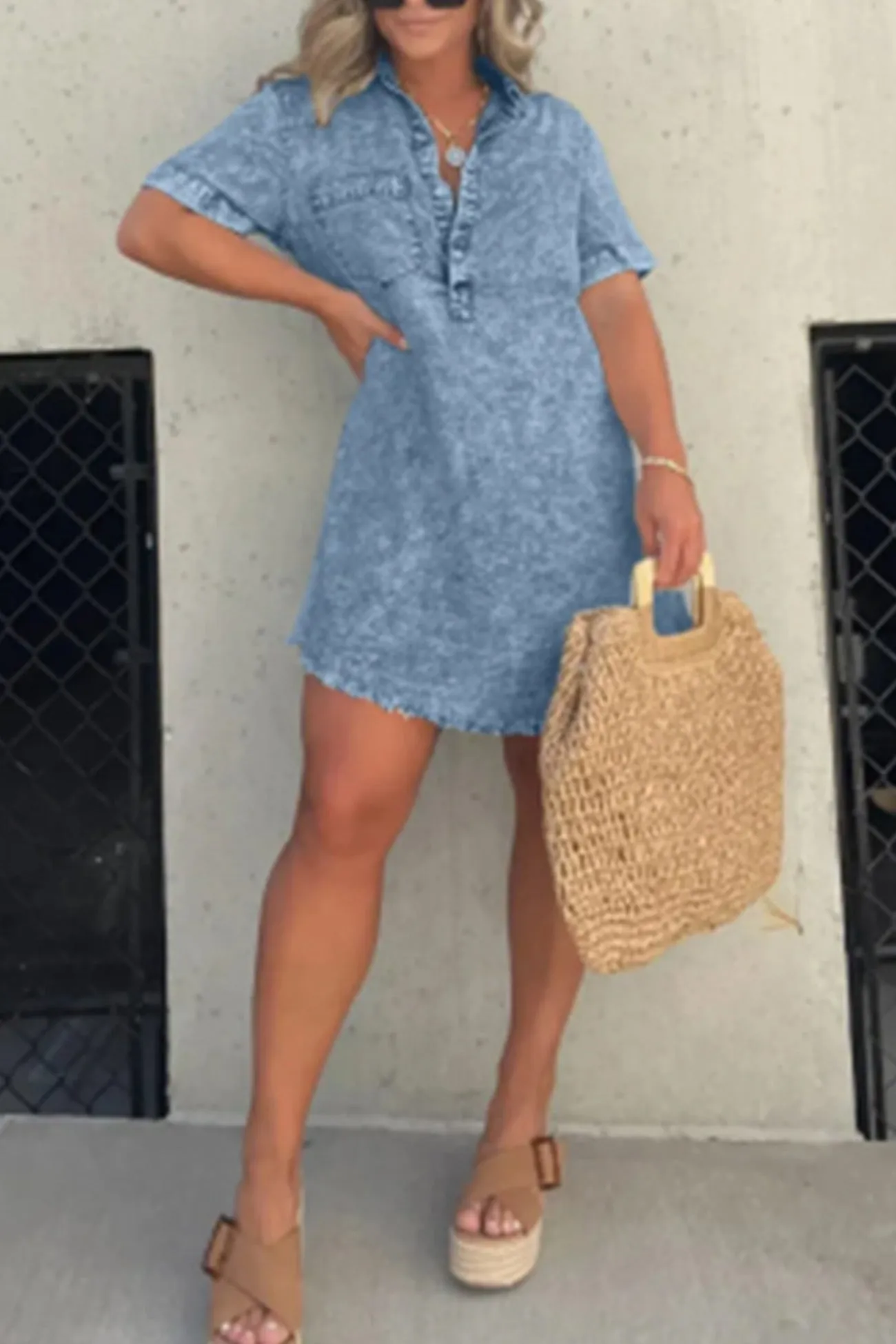 Shirt Collar Raw Edge Denim Dress