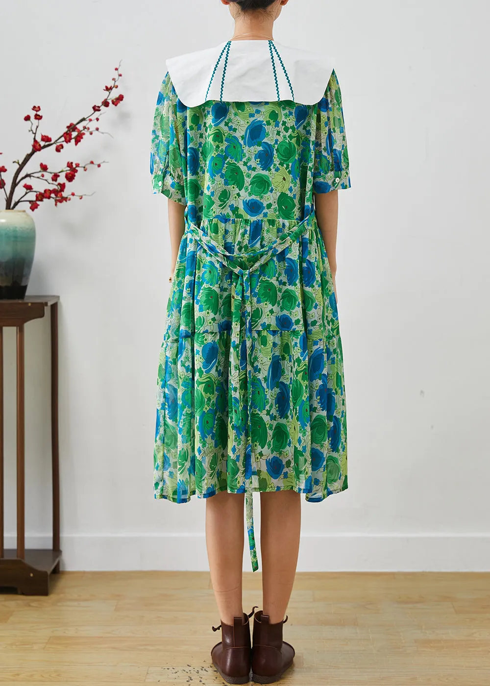 Silm Fit Green Peter Pan Collar Print Chiffon Long Dress Summer