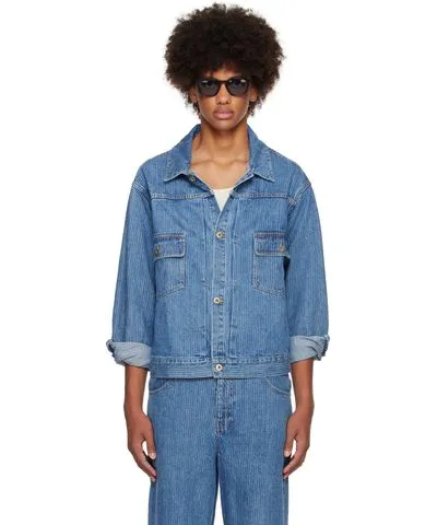 Small Talk Studio Blue Jacquard Stripe Denim Trucker Jacket