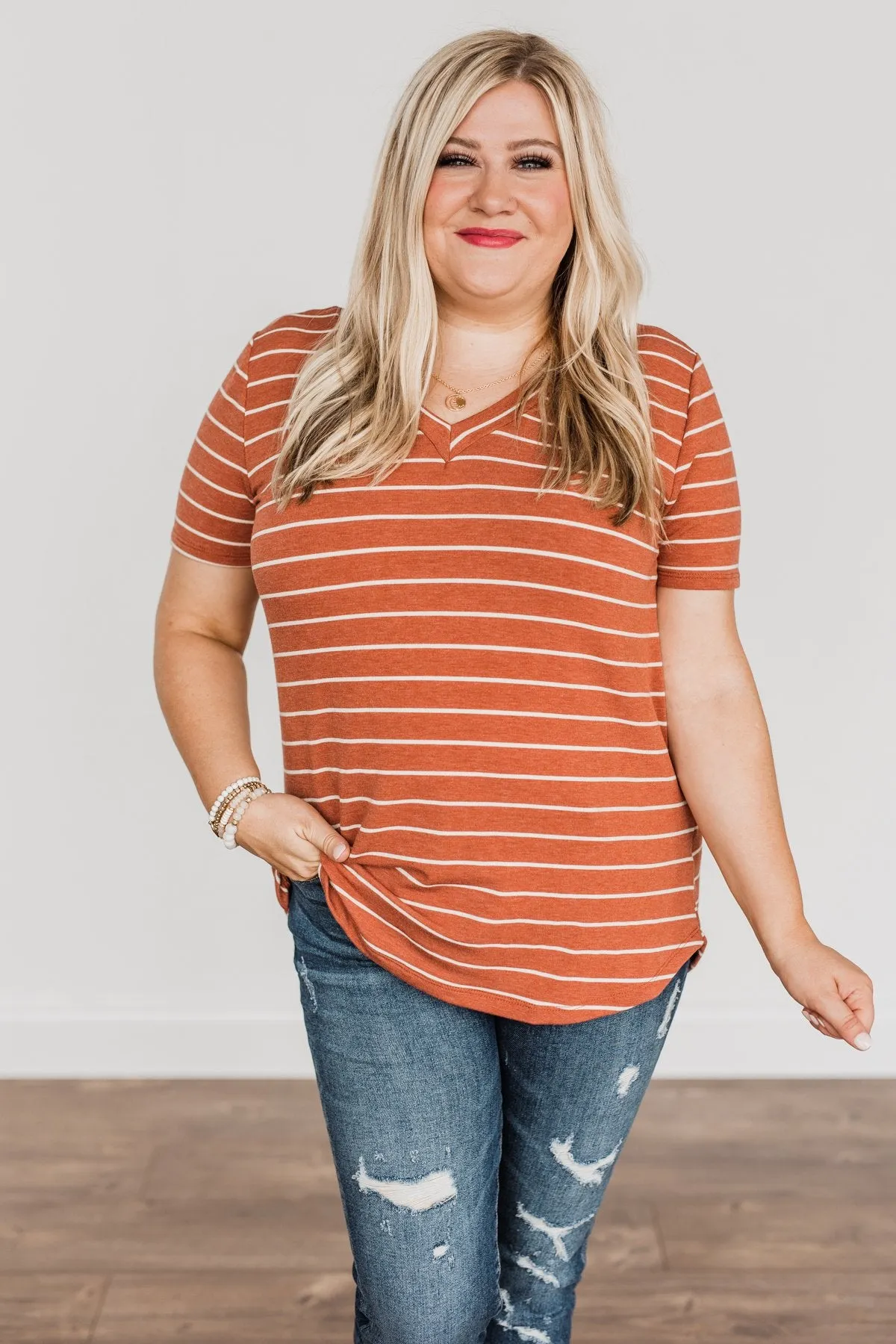 Smiles For Miles V-Neck Striped Top- Rust