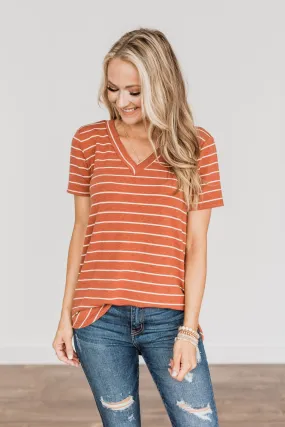 Smiles For Miles V-Neck Striped Top- Rust