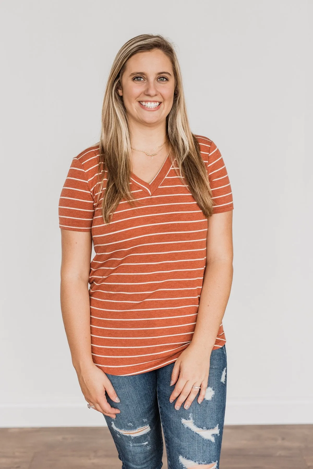 Smiles For Miles V-Neck Striped Top- Rust