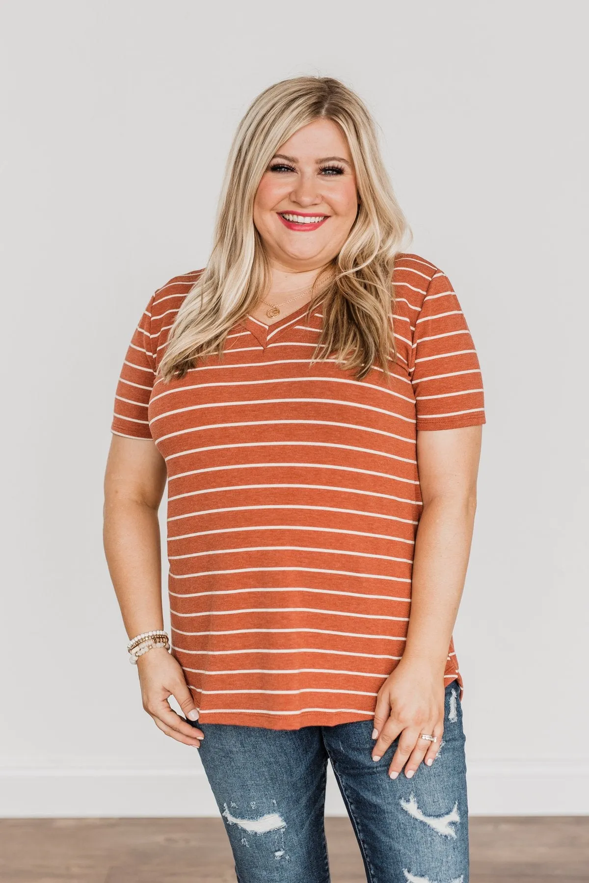 Smiles For Miles V-Neck Striped Top- Rust