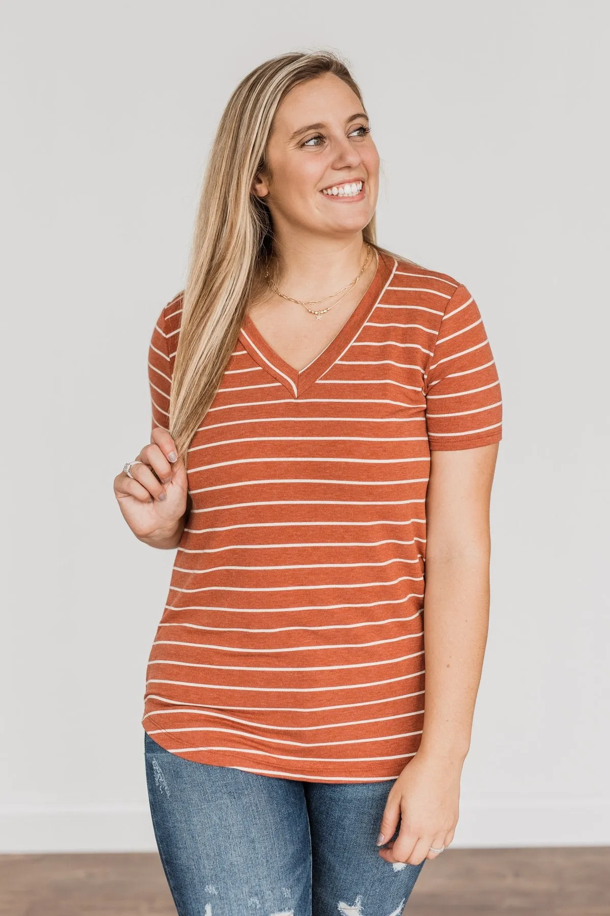 Smiles For Miles V-Neck Striped Top- Rust