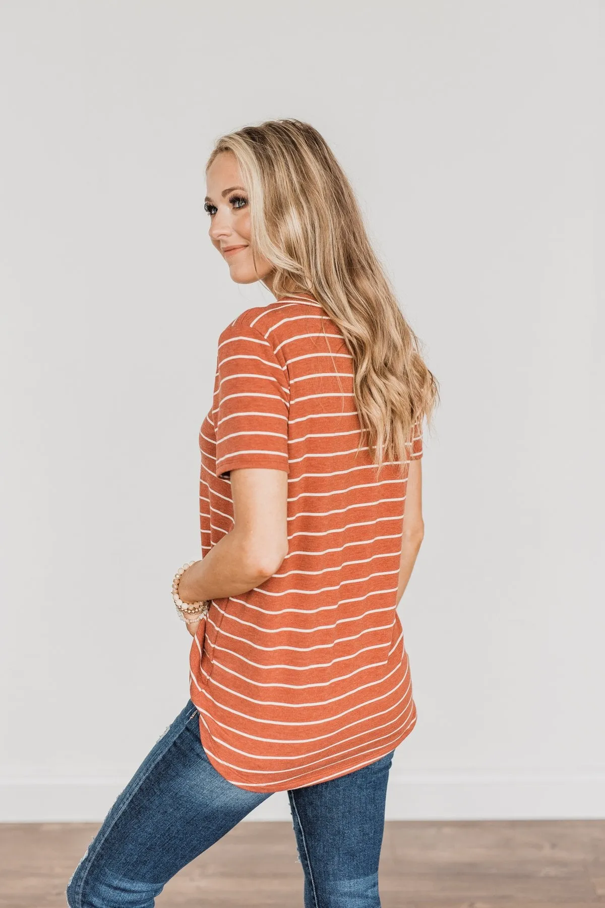 Smiles For Miles V-Neck Striped Top- Rust