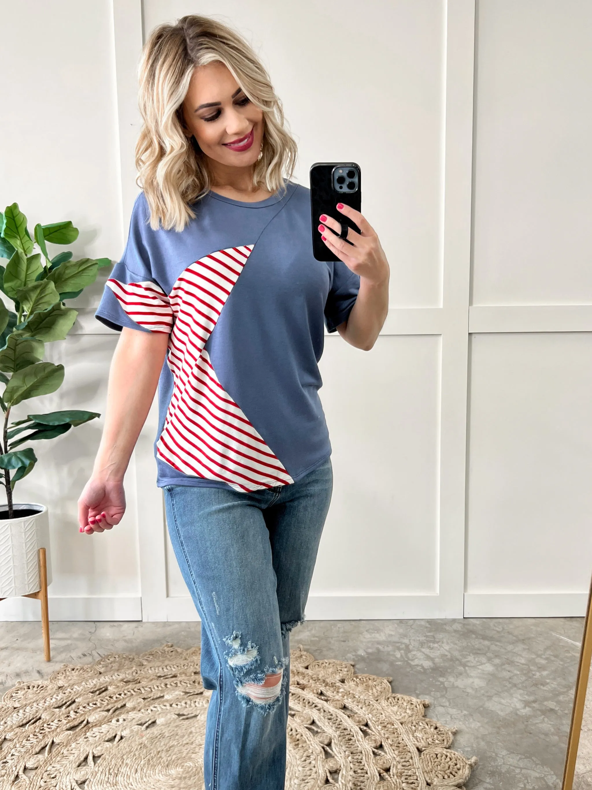 Star Patch Tee With Patriotic Stripes