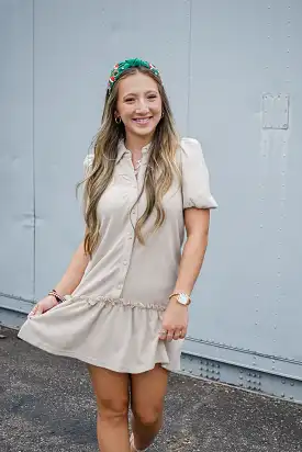 Taupe Button Up Short Sleeve Dress