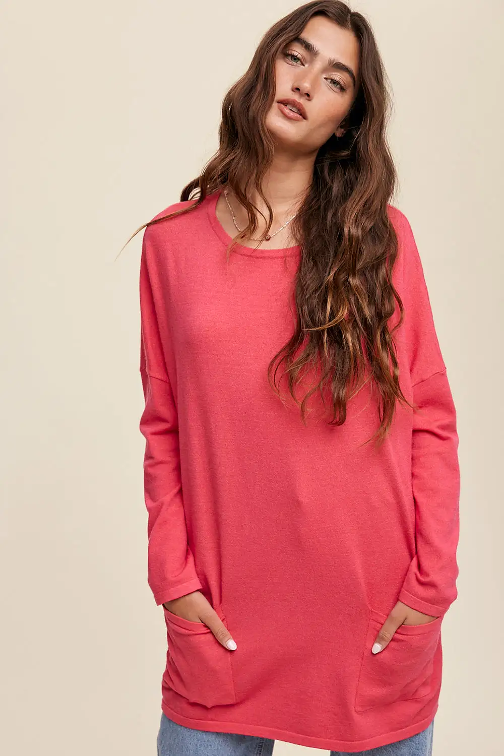 Two Pocket Oversized Light Weight Knit Sweater