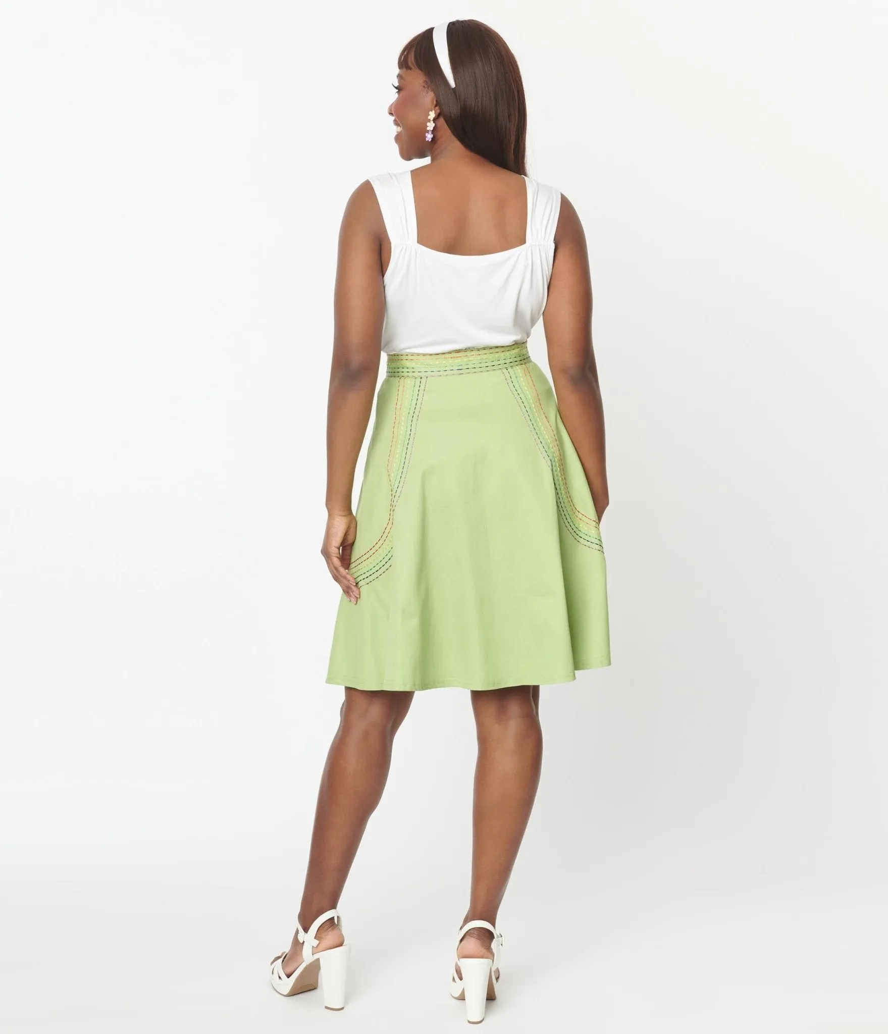 Unique Vintage Pistachio Green Patch Pocket Swing Skirt