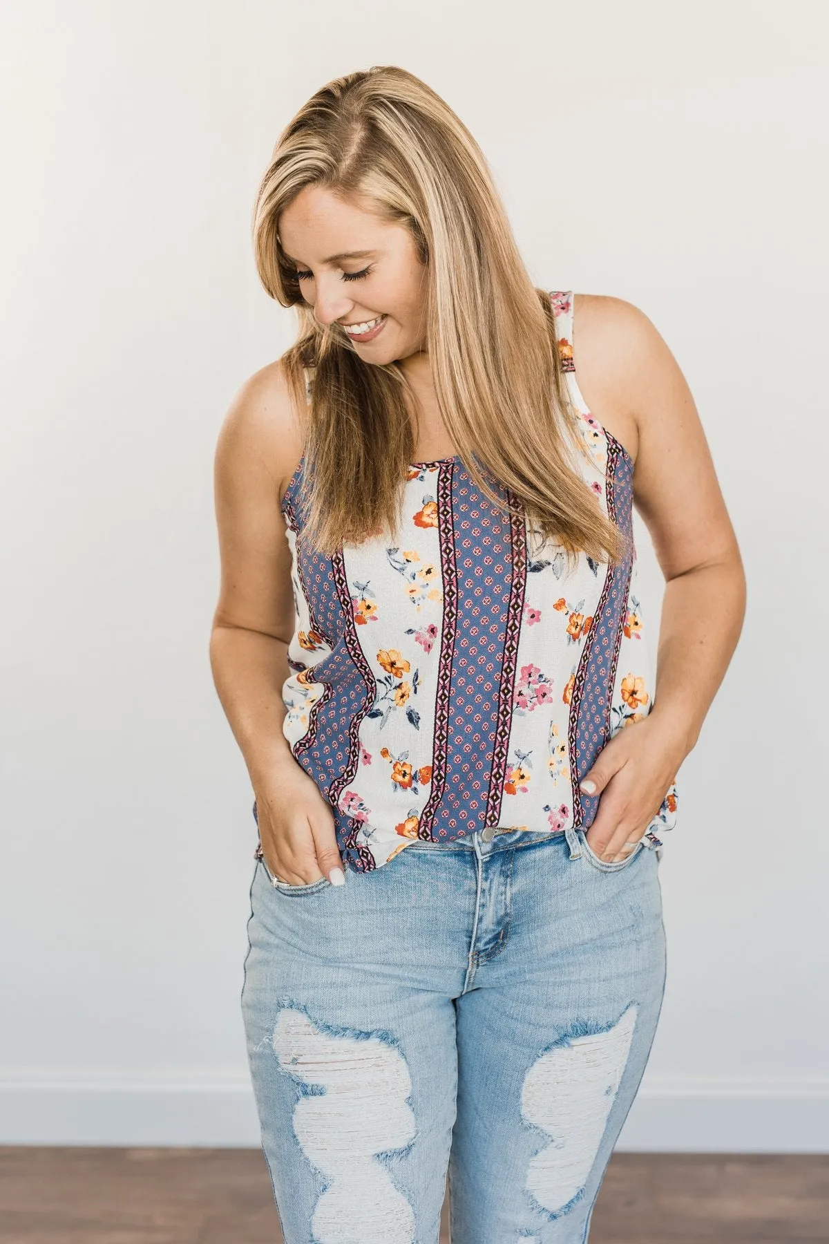 Until We Meet Again Printed Tank Top- Denim & Ivory