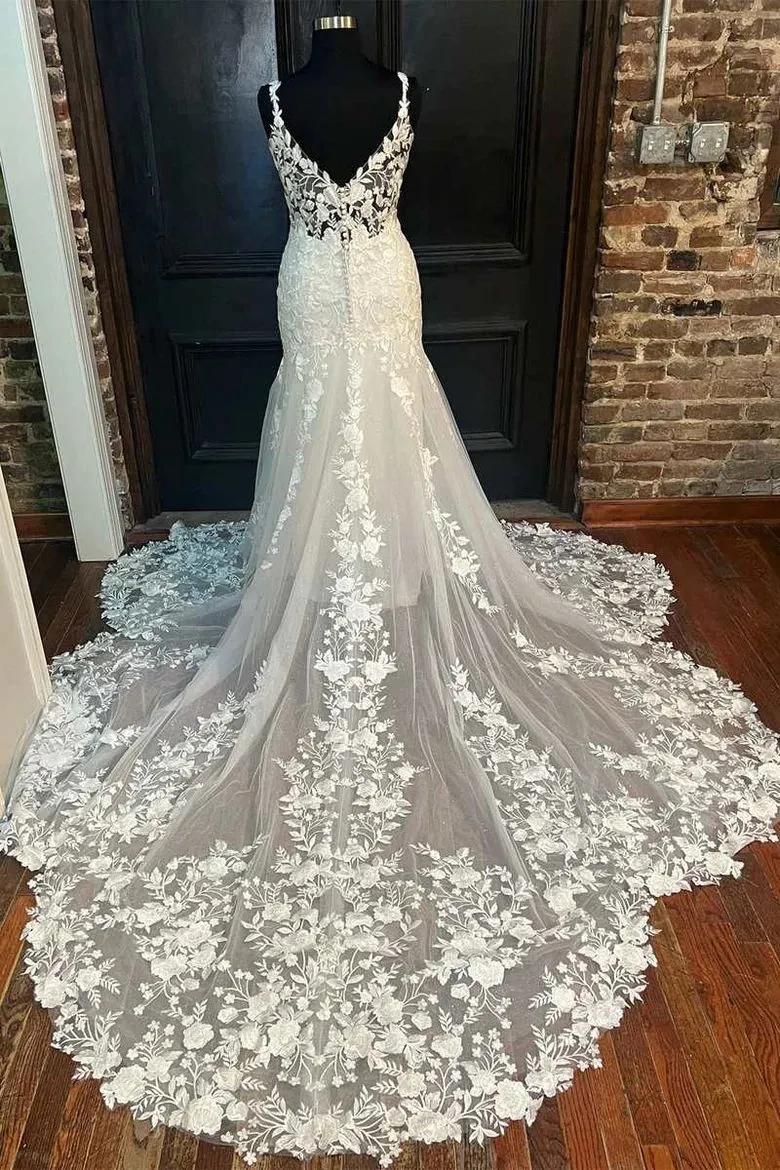 V neck Lace Appliques Plus Size Mermaid Wedding Dress for Curvy Brides