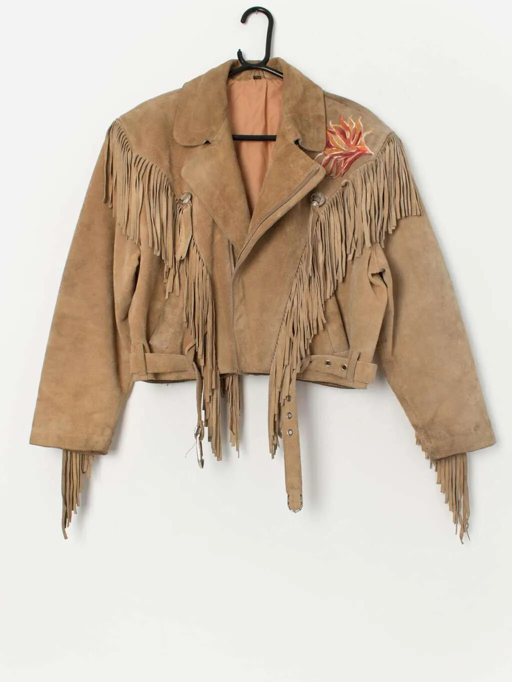 Vintage suede western jacket with hand painted collar and fringe detail – Small / Medium