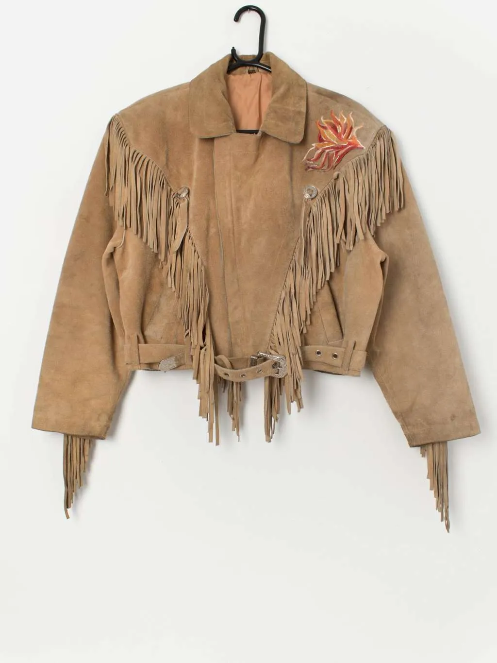 Vintage suede western jacket with hand painted collar and fringe detail – Small / Medium