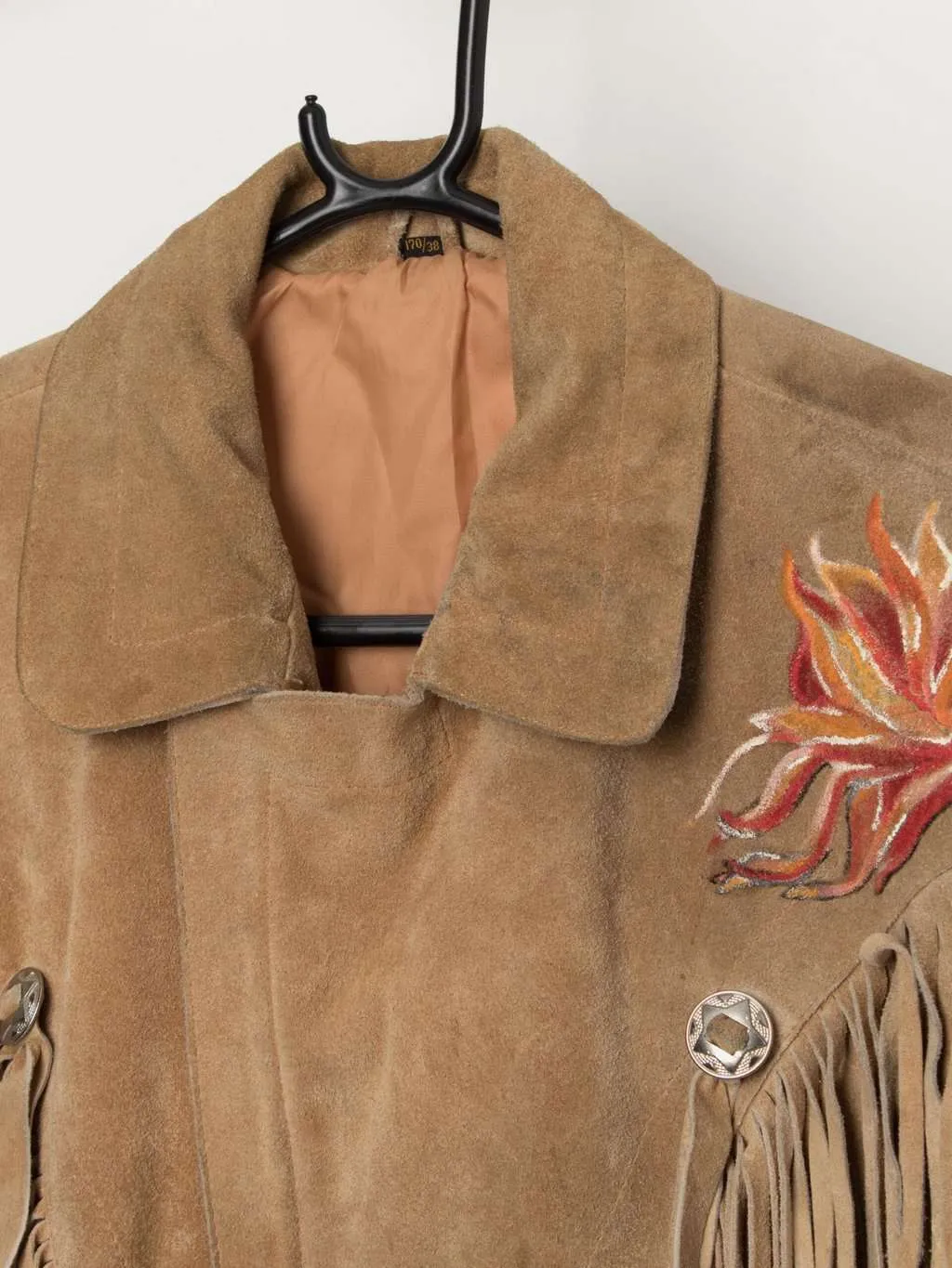 Vintage suede western jacket with hand painted collar and fringe detail – Small / Medium