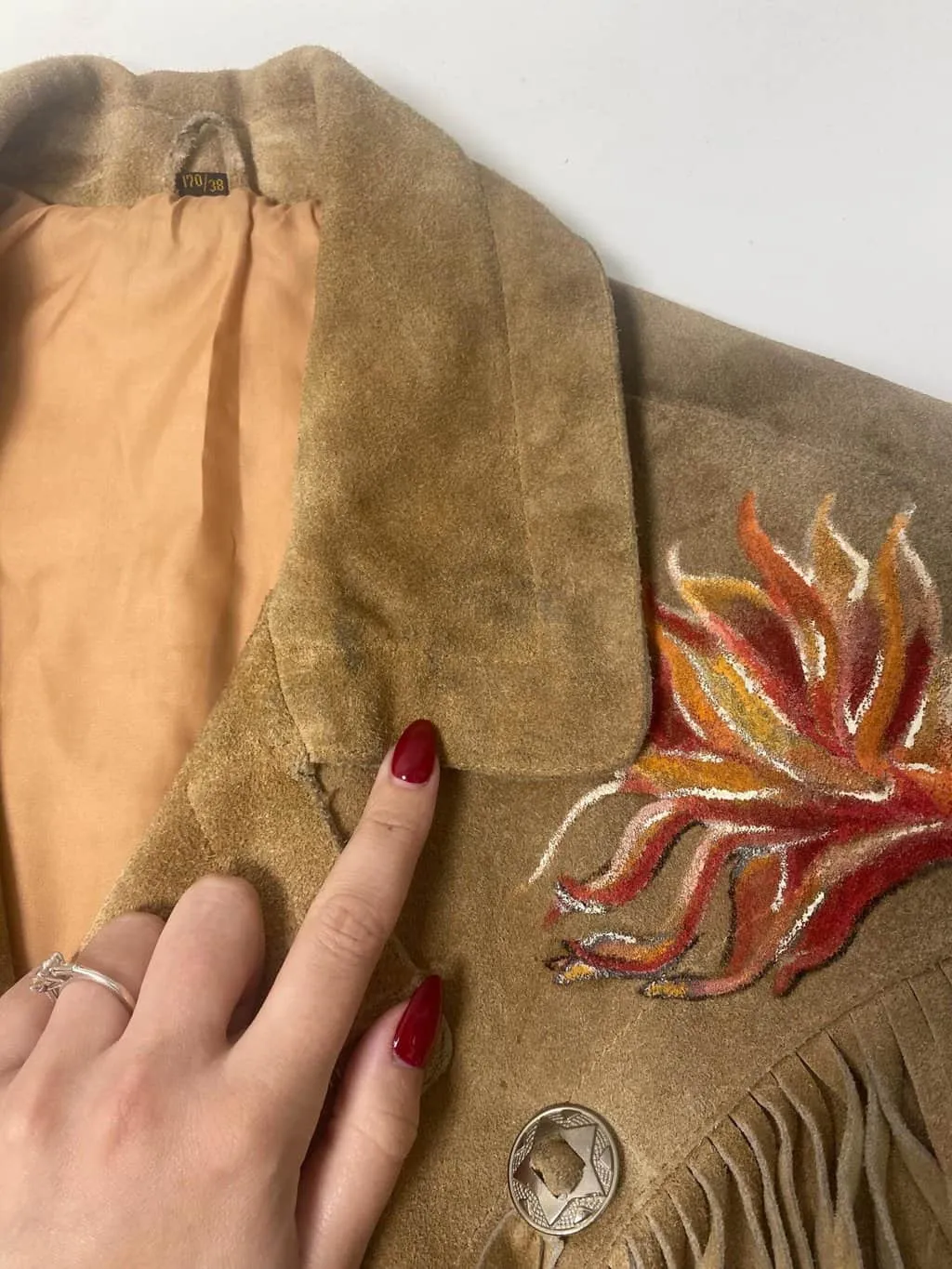 Vintage suede western jacket with hand painted collar and fringe detail – Small / Medium